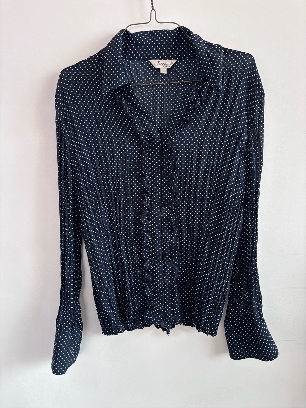 Classic Everyday Top- Jessica Navy Blue Polka Dot Button-Front Blouse-Size LG